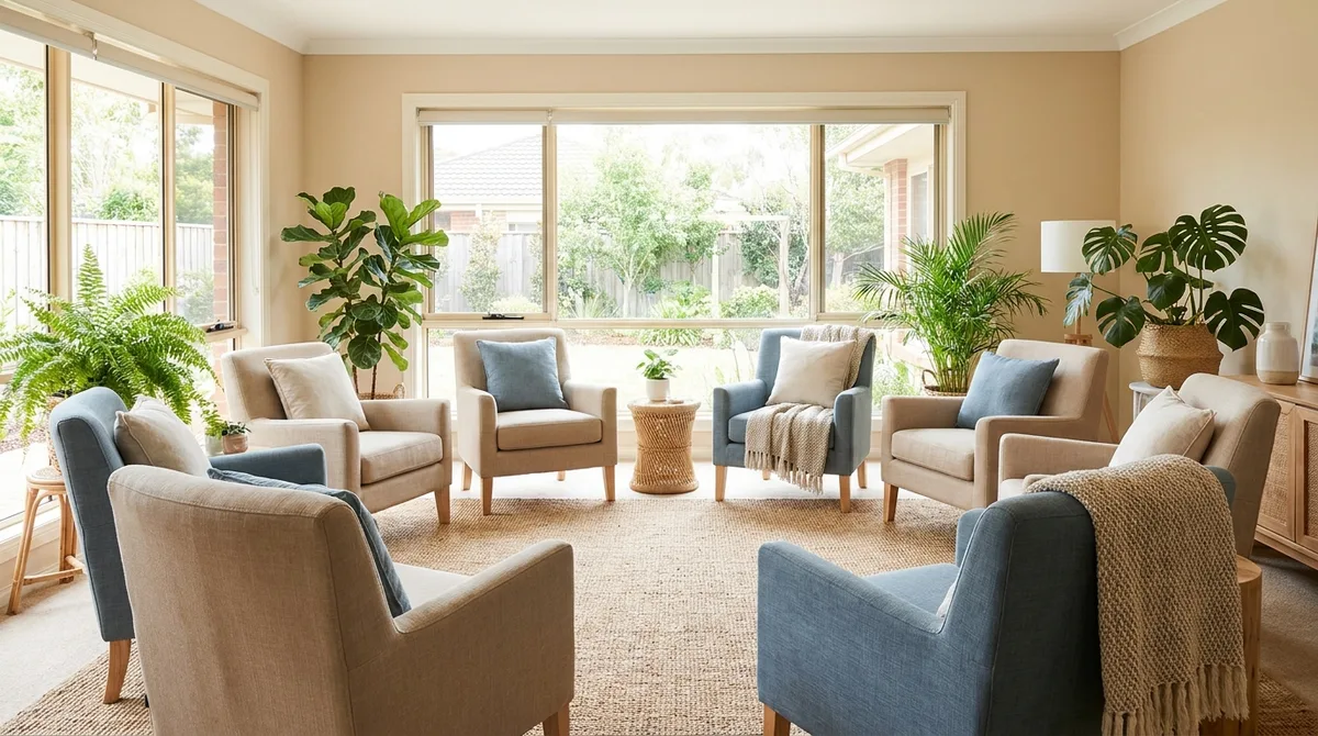 Гостиная реабилитационного центра: кресла полукругом для групповых занятий
